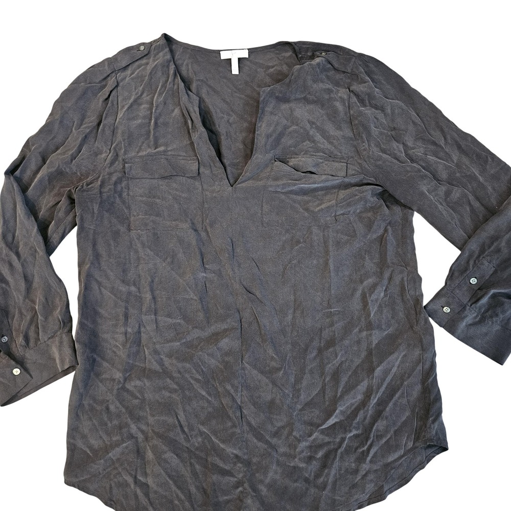 Joie Blouse Womens Large Gray Silk Long Sleeve‎ V Neck Tunic Lightweight Top